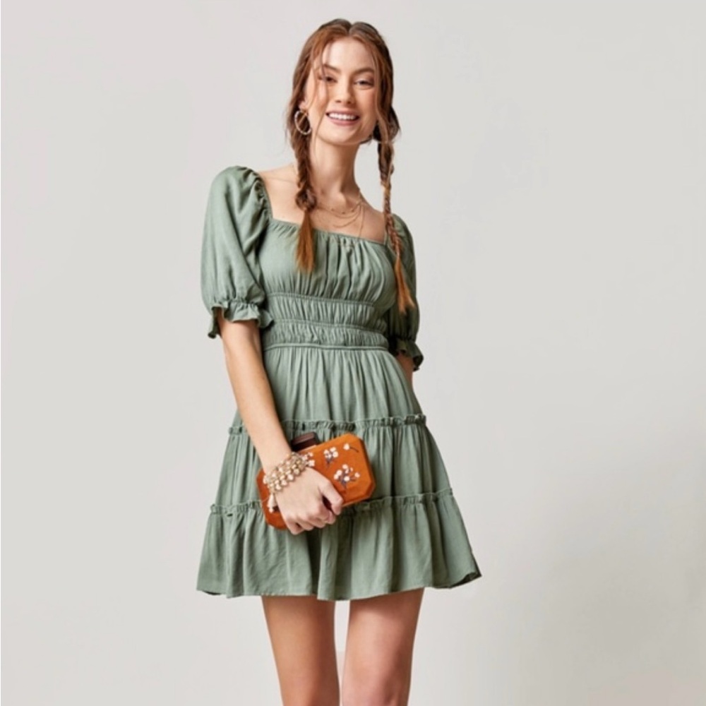 Trixxi Sage Green Puff Sleeve Mini Dress Sz L